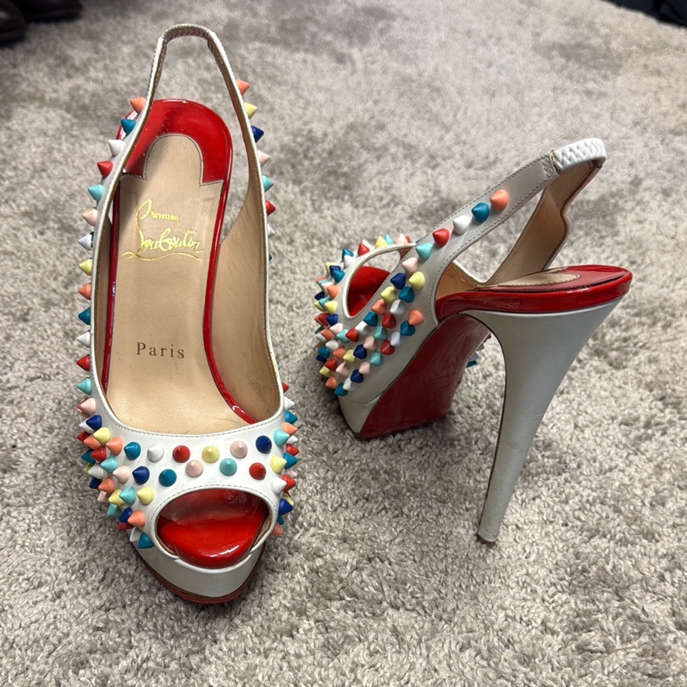 Christian Louboutin White Multicolor Studded Peep-Toe Slingback Heels
